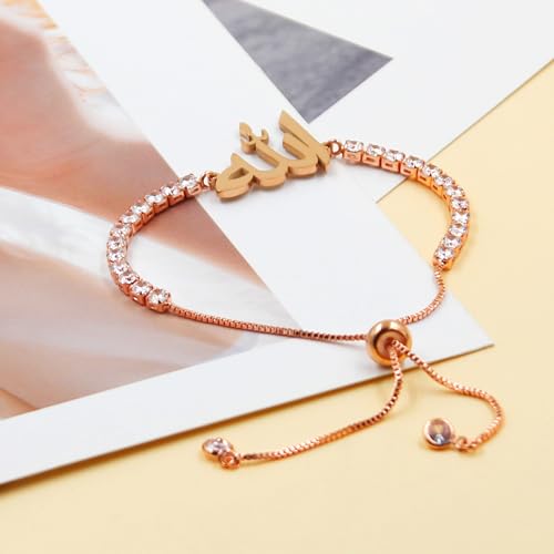 Allah Bracelet for Men and Women, Zircon Tennis Chain Adjustable Low Sensitivity Islamic True God Jewelry for Husband Wife Mom Dad's Religious Belief Gift - color: rose gold