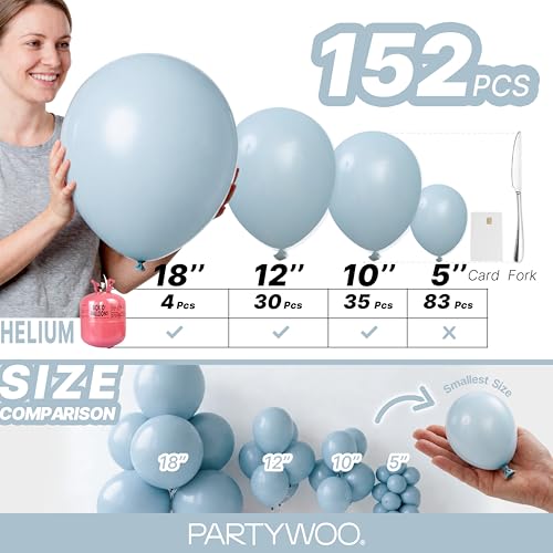 PartyWoo 더스티 블루 풍선 152피스 다양한 사이즈 45.7cm(18인치), 30.5cm(12인치), 25.4cm(10인치), 12.7cm(5인치), 라이트 블루 아쿠아 보헤미안 풍선 아치 키트 가랜드, 졸업 베이비 샤워, 성별 공개 생일 파티 장식, 블루-F28 - color: 블루-f28
