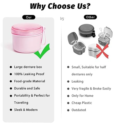 Denture Bath Case Cup Box Holder Storage Soak Container with Strainer Basket for Home or Travel Denture Cleaning (pink) - color: pink