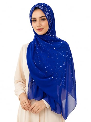 Chiffon Hijab Scarf for Women, Rhinestone Pearl Muslim Head Scarf, Lightweight Shawl Wrap - color: Royal Blue
