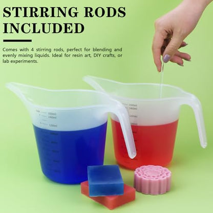 4 Pack 1500ml/50oz Long Spout Funnel Pitcher with Stirring Rods – Measuring Cups for Resin, Paint, Epoxy, Crafts, Soap Making, Durable and Easy to Pour, Great for Mixing, Measuring, Transfer Tasks