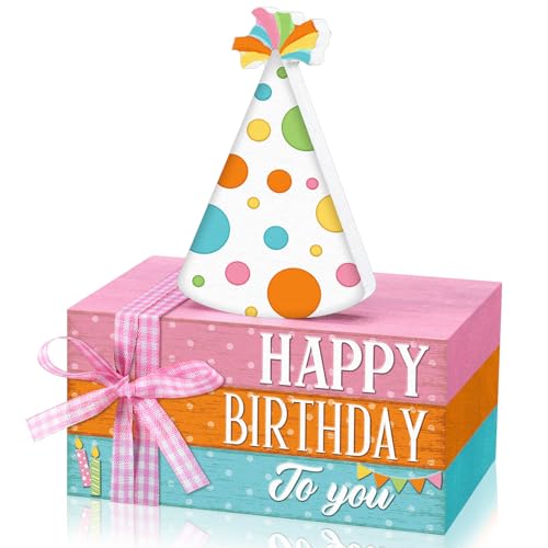Geelin 4 Pcs Birthday Wooden Book Stack Decor, Rustic Happy Birthday Table Centerpieces with Party Hat Wooden Sign, Colorful Tiered Tray Decorations for Home, Office, and Party Table Decor - style: Birthday