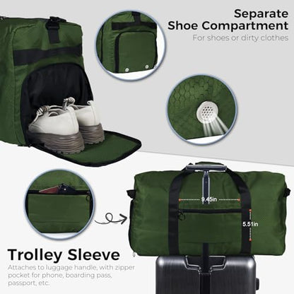 Fmeida 65L Duffle Bag with Shoes Compartment, Foldable Travel Duffel Bags for Men Women, Large Packable Travel Bag Water Repellent & Tear Resistant (Green) - color: Glossy Green