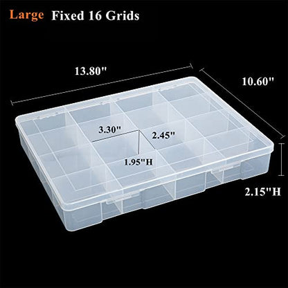 2 Pack Fixed 16 Grids Clear Plastic Large Compartment Container Case, Transparent Organizer Storage Divider Box with Lid for Bead, Button, Hardware, Screw, Sewing Kit, Craft Supplies - size: large 16 grids