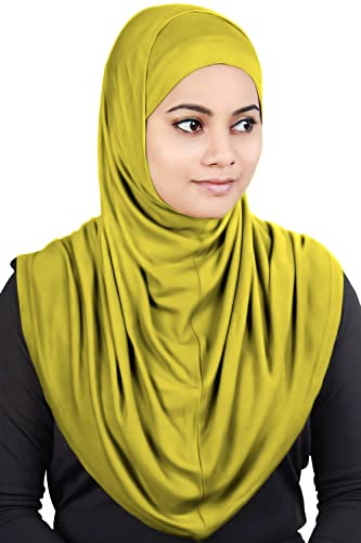 MyBatua Women's 2-Piece Al-Amira Hijab with Under Scarf/Cap/Bonnet in Soft Viscose Jersey, Ready to Wear HJ-129 - color: Mustard Green