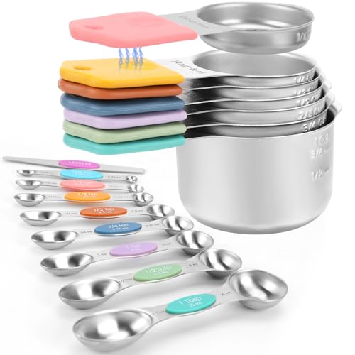Magnetic Measuring Cups and Spoons Set-Heavy Duty 304 Stainless Steel | Double Measurement Markings,BPA-Free,Set of 16 with Leveler for Measuring Dry and Liquid Ingredients(Colors) - color: Color