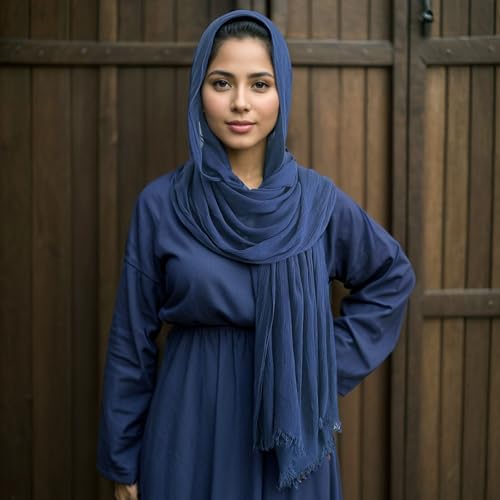 Cotton Linen Plain Hijab Scarf For Women,Muslim Viscose Crinkle Edge With Fringe,Summer Beach Wrap Headwraps Shawl - color: 55#navyblue