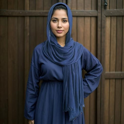 Cotton Linen Plain Hijab Scarf For Women,Muslim Viscose Crinkle Edge With Fringe,Summer Beach Wrap Headwraps Shawl - color: 55#navyblue