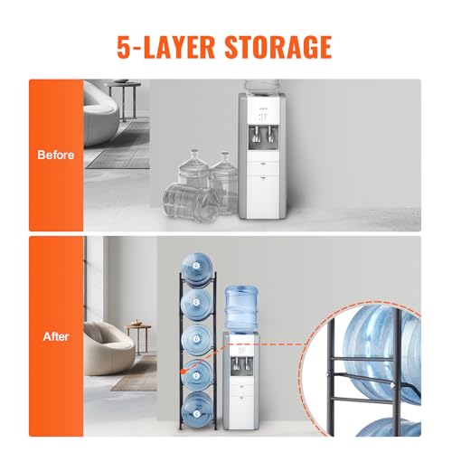VEVOR 5 Tiers Water Jug Holder, 5 Gallon Water Bottle Holder, Single Row Water Bottle Rack for 5 Bottles, Heavy Duty Water Jug Rack for Kitchen, Office, Living Room, Black - color: Black, style: 5-slot