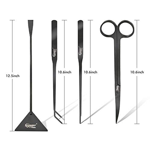 hygger Long Stainless Steel Premium Aquarium Tools, 4 PCS Aquatic Plant Tweezers Scissors Spatula Kits Comes with 1 Cleaning Cloth, for Fish Tank Starters - color: Black