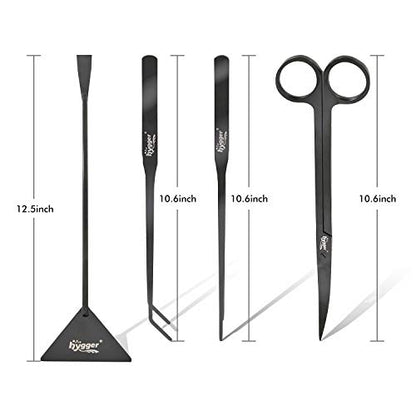 hygger Long Stainless Steel Premium Aquarium Tools, 4 PCS Aquatic Plant Tweezers Scissors Spatula Kits Comes with 1 Cleaning Cloth, for Fish Tank Starters - color: Black