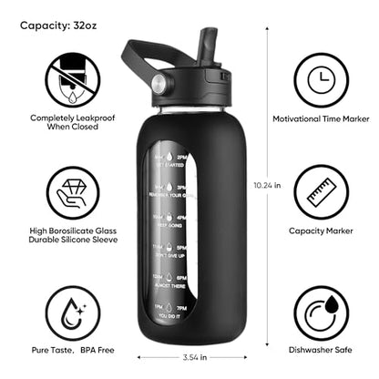 CIVAGO 32 oz Glass Water Bottle with Detachable Straw and Time Maker | Motivational Large Flask Cup with Handle, Leakproof Lids, Wide Mouth, Silicone Sleeve, Tumbler for Juice, Black - color: Black, size: 32 Ounces