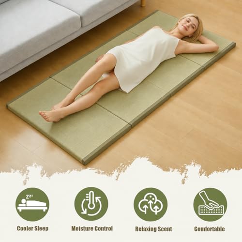 HAGiHARA Japanese Tatami Mat, Foam Board Filled Folding Floor Mattress, Rush Grass Futon, Traditional Tatami Pad for Meditation, Yoga, Sleeping, Summer Use, 35.43" x 78.74" x 1.38" - size: Twin XXL