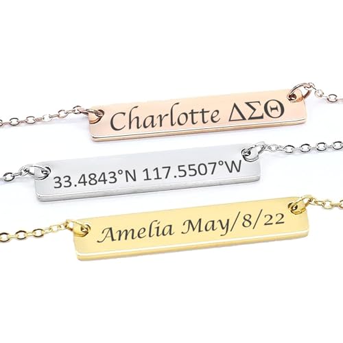 Personalized Bar Necklace Custom Name Date & Coordinates Engraved Gold Rose white color Pendant Gift for Her Sorority Graduation Birthday Anniversary Bespoke Jewelry - color: white gold color