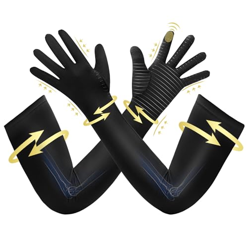 Copper Long Compression Arthritis Gloves for Women Men, Full Finger Hand Compression Gloves with Touchscreen Tip, Full Arm Pressuse Support Sleeves for Carpal Tunnel, Lymphedema, Trigger Finger - color: Black-2, size: Small