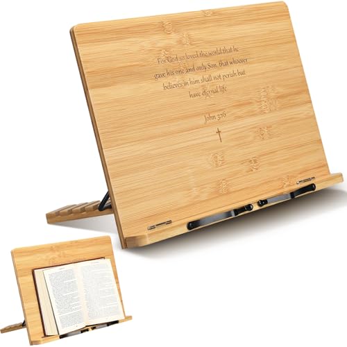 Geelin Baptism Christian Gift for Women Mother's Day Large Bible Stand for Display at Home Adjustable Bamboo Bible Holder Stand Tray Page Clip Portable Stable Hard-Wearing(Classic,15x11'') - size: 15x11'', style: Classic