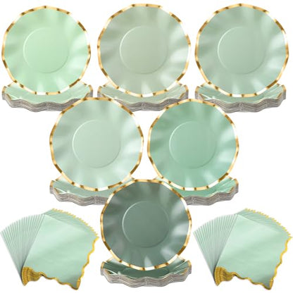 Havawish 48 Pcs Sage Green Scalloped Party Paper Plates and Napkins Cocktail Disposable 8'' Sage Green Dessert Paper Plates with Gold Foil Edge for Baby Shower Dinner Wedding Birthday Party Supplies - color: Sage Green
