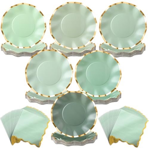Havawish 48 Pcs Sage Green Scalloped Party Paper Plates and Napkins Cocktail Disposable 8'' Sage Green Dessert Paper Plates with Gold Foil Edge for Baby Shower Dinner Wedding Birthday Party Supplies - color: Sage Green