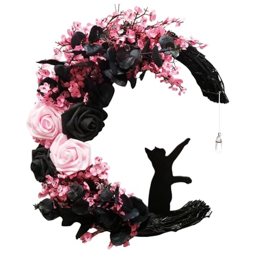 Pink Halloween Wreath with Lights, Moon Cat Wreath for Front Door - color: Rose