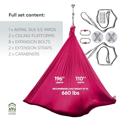 AyuHome Aerial Silks Kit for Home - Premium Yoga Swing for Adults with 660 lbs Capacity - Versatile Aerial Yoga Hammock for Gymnastics Training - color: Aerial silk - Wine Red - New