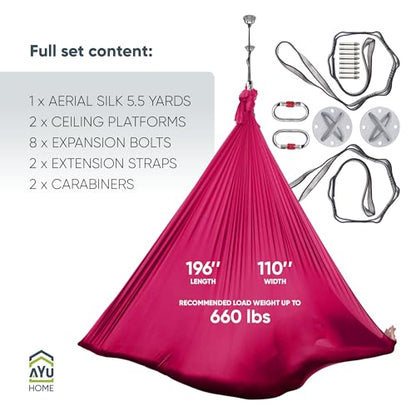 AyuHome Aerial Silks Kit for Home - Premium Yoga Swing for Adults with 660 lbs Capacity - Versatile Aerial Yoga Hammock for Gymnastics Training - color: Aerial silk - Wine Red - New