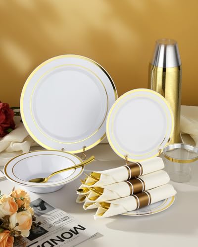 BESTVIP 400PCS Gold Plastic Dinnerware Set, Disposable Party Supplies for 50 Guests - Include 100 Plates, 50 Leak-Proof Soup Bowls, 50 Pre Rolled Napkins with Gold Silverware, 50 Cups - color: White & Gold, size: 50 Guests