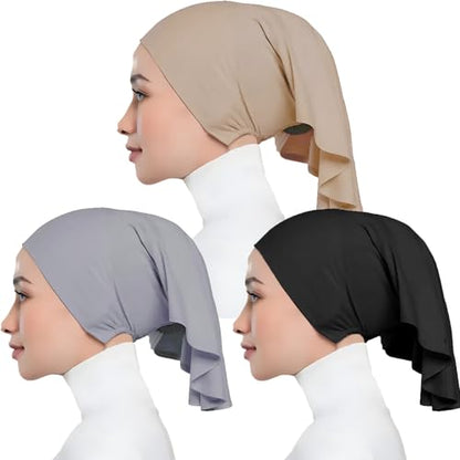 3Pcs Underscarf Hijab Cap Undercap Hijab Tube under Hijab Cap Under Cap for Women Hijab Underscarf Cap Dreadlocks Tube, Black + Gray + Beige