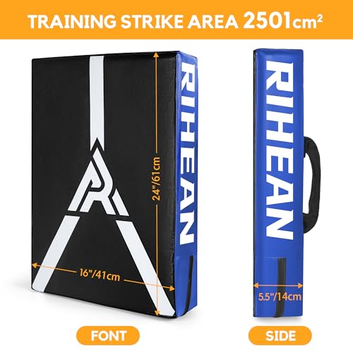 Martial Arts Kicking Shields - Kick Pad for Muay Thai, Taekwondo, Football, Basketball, Hockey Training - Denser Foam, Long Lasting PU Leather Kick Shield - style: 24×16in(L)-Blue Shield