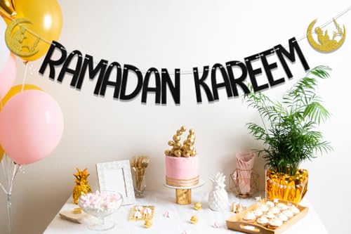 Ramadan Kareem Banner,Eid Mubarak Party Decor,Ramadan Mubarak,Umrah Mubarak,Islamic Muslim Kareem Ramadan Party Decor Supplies Black Gold