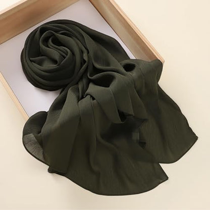 Premium Long Crinkle Chiffon Hijab Scarf for Women, Very Soft Muslim Head Scarfs - color: Olive