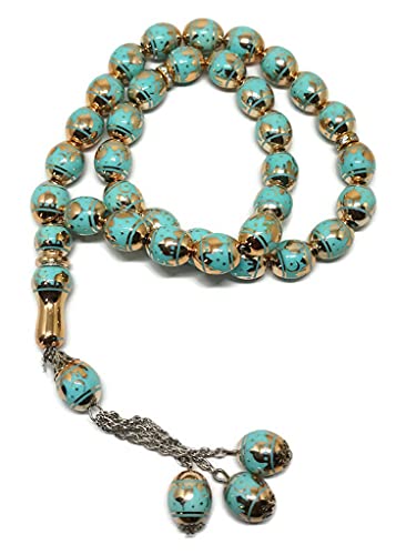 Muslim Tasbih 33 Rosary Bead AMN-276 Islam Prayer dhikr Misbaha with Masjid Image Printed on Laser Crystal Stone Beads Islamic Religion Eid Ramadan Gift (Aqua) - color: Aqua