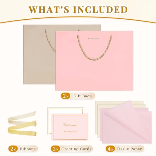 ANZNKU 2PCS Gift Bags for Women Pink & Beige, Medium Gift Bags with Handles 4 Tissue Paper 2 Ribbons 2 Cards for Her Wedding Graduation Birthday Engagement Bridal Baby Shower Party Favors Presents - color: Beige+Pink