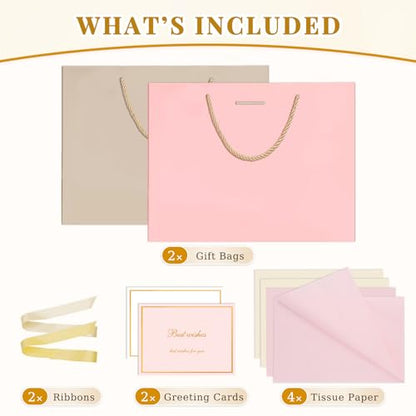 ANZNKU 2PCS Gift Bags for Women Pink & Beige, Medium Gift Bags with Handles 4 Tissue Paper 2 Ribbons 2 Cards for Her Wedding Graduation Birthday Engagement Bridal Baby Shower Party Favors Presents - color: Beige+Pink