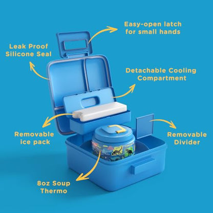 JXXM Bento Lunch Box for Kids With 8oz Soup thermo,Leak-proof Lunch Containers with 5 Compartment,thermo Food Jar and Lunch Bag, Food Containers for School (A-Blue(Dinosaur)) - color: A-Blue(Dinosaur)