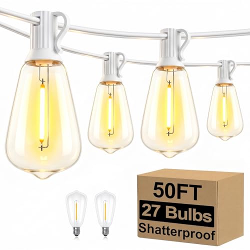 Brightever 50FT LED String Lights 27 Bulbs Outdoor Waterproof Dimmable - color: White Wire Warm White, size: 50FT