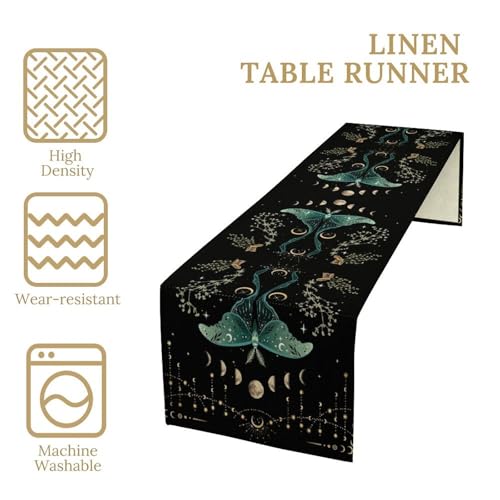 Beautiful Moth Table Runner, Moon Phase Plant Mushroom Butterfly Gothic Witchy Celestial Boho Table Runner for Home Kitchen Dining Patio Holiday Party 13x36in - color: Moth-1, size: W13''xL36''