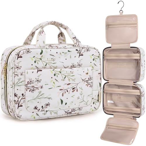 BAGSMART Toiletry Bag Travel Bag with Hanging Hook, Water-resistant Makeup Cosmetic Bag Travel Organizer for Accessories, Shampoo, Full-size Container, Toiletries (Beige Ditsy Floral, Large) - color: Beige Ditsy Floral, size: Large