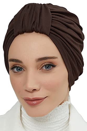 Aisha's Design Instant Turban Plain Cotton Scarf Head Wrap Lightweight Hat Bonnet Cap for Women - color: Brown