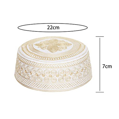 Mens Muslim Hat Islamic Prayer Cap, Muslim Eid Prayer Embroidered Kufi Fat Ramadan Mosque Arab Indian Prayer Cap - color: Gold