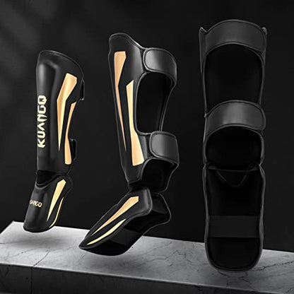 Muay Thai Shin Guards, Muay Thai Martial Arts Kicking Leg Instep Protection Pads Sparring Gear,for Kickboxing MMA Training and Sparring,Professional MMA Equipment - color: Black-Gold, size: Large