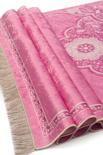 Prayer Rug Velvet Carpet Mat Pink Polyester Chenille Base Non-Slip Soft Comfortable Islamic Muslim Prayer Rug for Women Girls One Size - Pink, One Size