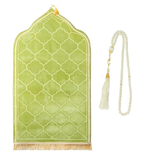 zhxinashu Thick Muslim Prayer Mat Set with Tasbih Beads for Ramadan,Green - color: Green