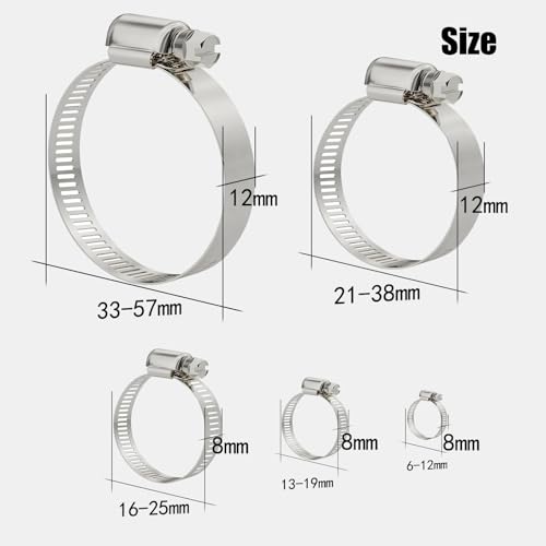 Stainless Steel Hose Clamps Assortment Kit, 25 Pieces Worm Gear Hose Clamp Adjustable 1/4 to 2-1/4in, Fuel Line Clamp for Plumbing, Automotive And Mechanical Applications
