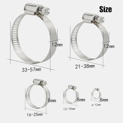 Stainless Steel Hose Clamps Assortment Kit, 25 Pieces Worm Gear Hose Clamp Adjustable 1/4 to 2-1/4in, Fuel Line Clamp for Plumbing, Automotive And Mechanical Applications