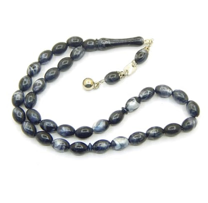 Perlin Muslim Prayer Beads 33 Bead Tasbih Islamic Misbaha Subha Dhikr Rosary with 12 x 8 mm Oval Beads Ottoman Style Prayer Necklace with Metal Tassel Handmade Islamic Gift 25 cm (Black White) - color: black white