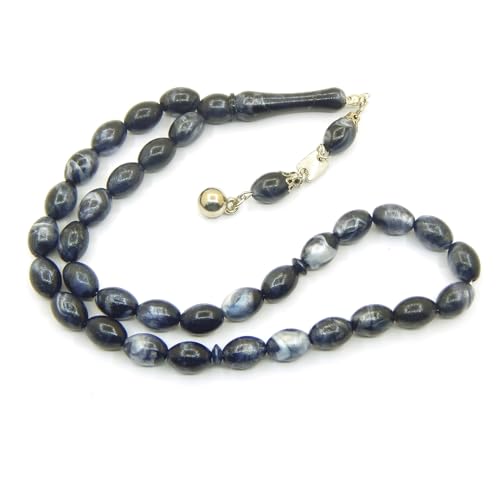 Perlin Muslim Prayer Beads 33 Bead Tasbih Islamic Misbaha Subha Dhikr Rosary with 12 x 8 mm Oval Beads Ottoman Style Prayer Necklace with Metal Tassel Handmade Islamic Gift 25 cm (Black White) - color: black white
