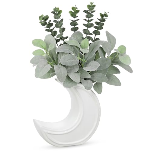Fake Eucalyptus Plant in Crescent Moon Vase, 17" Faux Greenery Potted Plant, Rustic Moon-Shaped Ceramic Planter with Artificial Eucalyptus Leaves for Table Centerpiece Shelf Office Farmhouse Decor - color: Moon