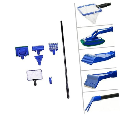 LIOOBO Five One Aquarium Fish Tank Brush Cleaning Kit Long Handle Fish Net Rake Scraper Clip for Effortless Cleaning of Aquariums Blue