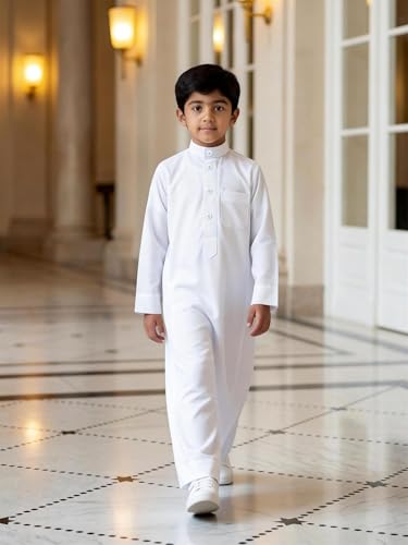 Kids Muslim Thobe, Boys White Traditional Arab Dishdasha, Long Sleeve Islamic Prayer Robe - color: White, size: 7Y