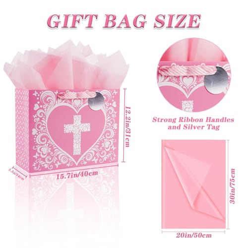 JWSCYSY 15.7" Extra Large Pink Gift Bag with Metallic Silver Floral Cross Design, Card and Tissue Paper for Baby Girl Baptisms, Christenings, First Communions Religious - color: Pink 15.7"